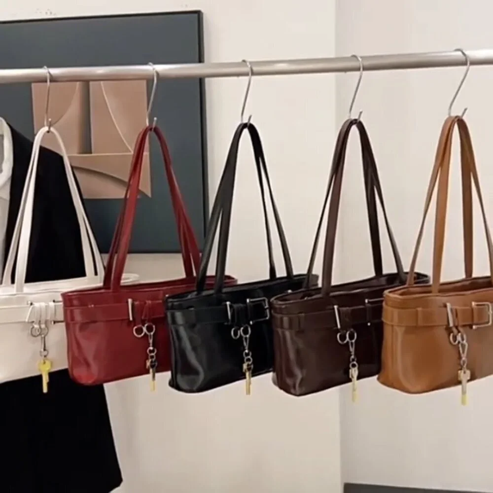 Medium Vegan Leather Tote with Belted Detail & Key Charm